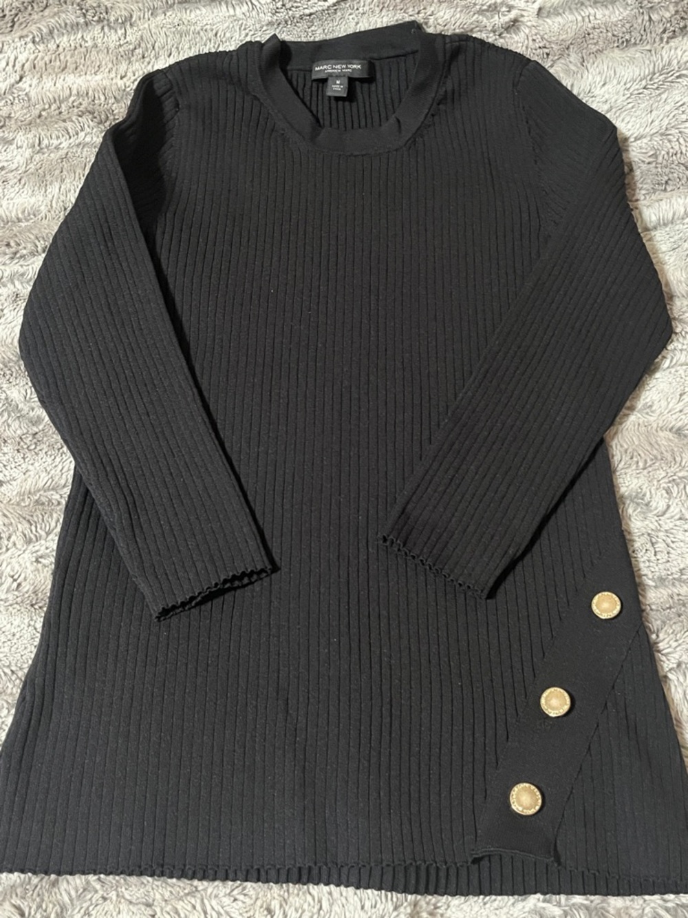 Marc New York Black Ribbed Crewneck Sweater with Gold Buttons